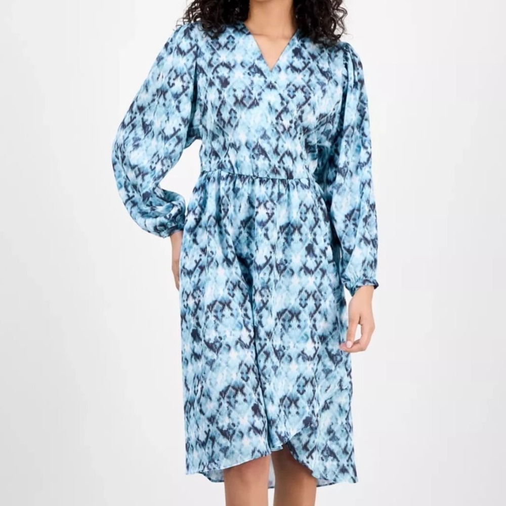 Boss Orange Divanta Long Sleeve Surplice Neck Blue Print Dress Womens L NWT